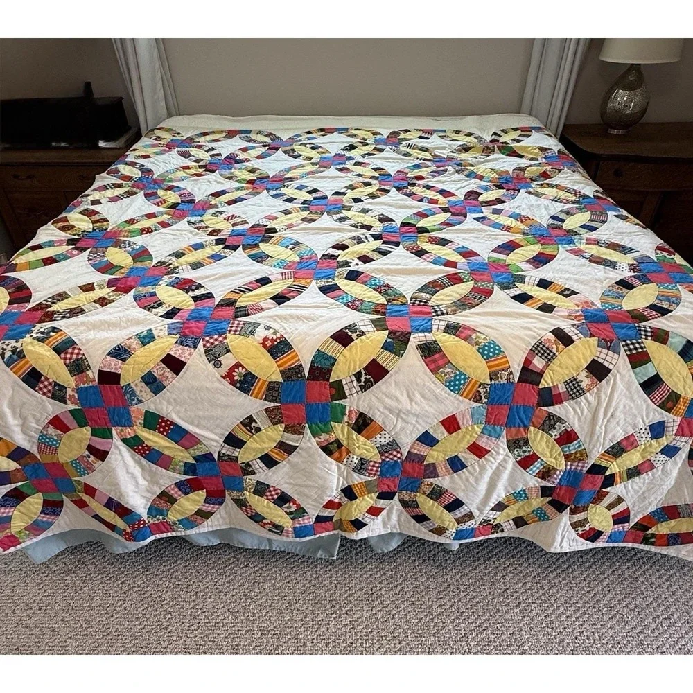 Vintage Handmade Colorful Floral Scrap Pink Double Wedding Ring Full Quilt 80x90
